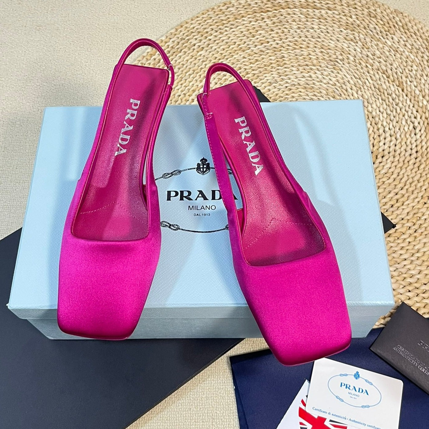 PRA SQUARE TOE SLINGBACK PUMPS BARBIE PINK SATIN