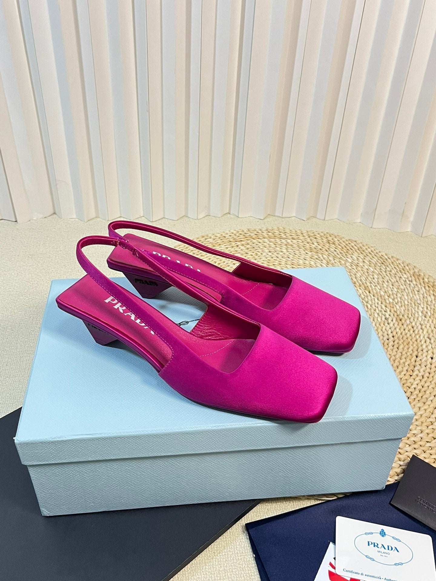 PRA SQUARE TOE SLINGBACK PUMPS BARBIE PINK SATIN