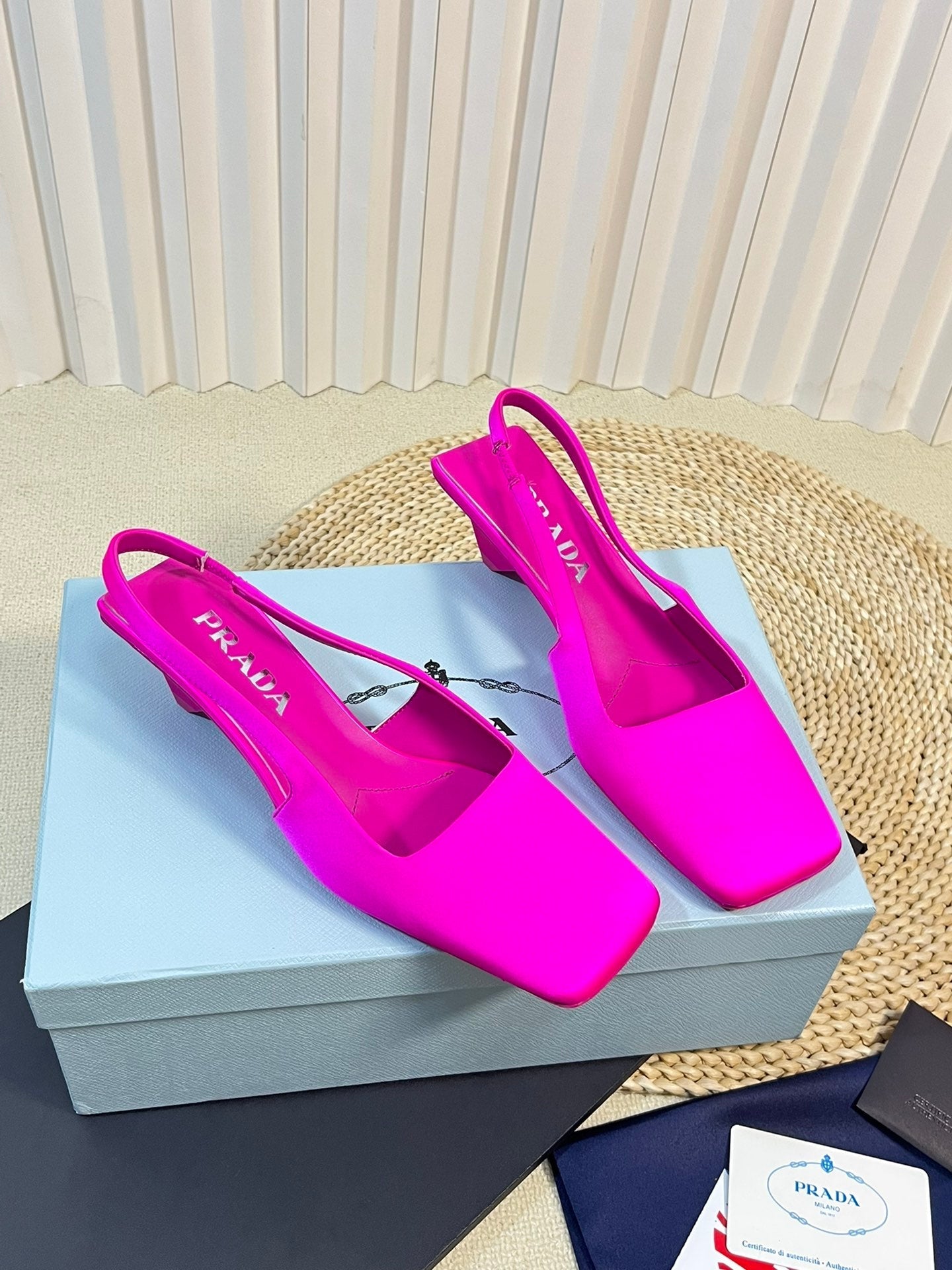 PRA SQUARE TOE SLINGBACK PUMPS BRIGHT PINK SATIN