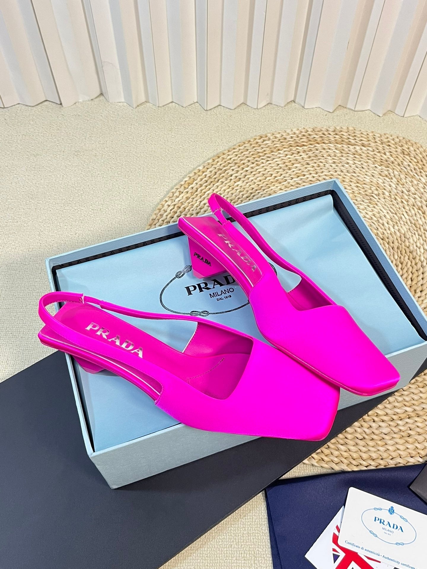 PRA SQUARE TOE SLINGBACK PUMPS BRIGHT PINK SATIN