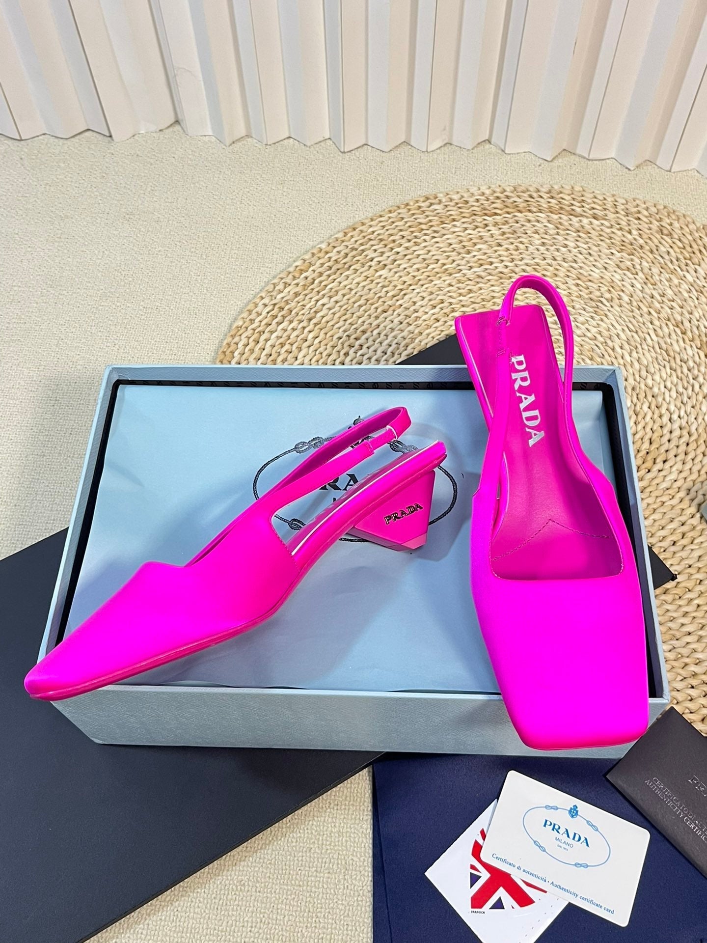 PRA SQUARE TOE SLINGBACK PUMPS BRIGHT PINK SATIN