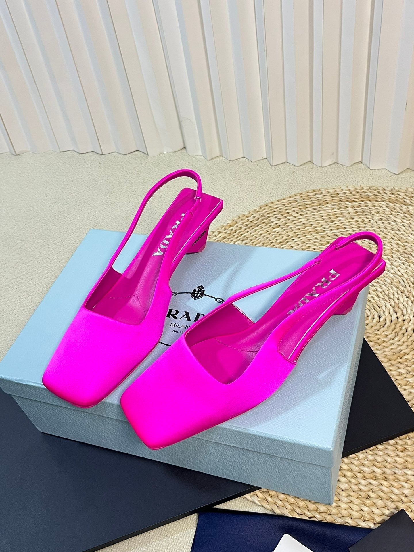 PRA SQUARE TOE SLINGBACK PUMPS BRIGHT PINK SATIN