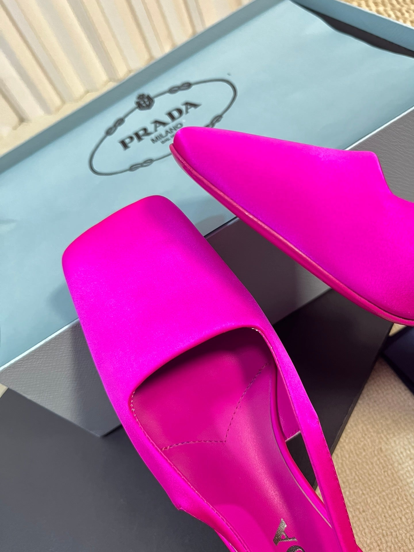 PRA SQUARE TOE SLINGBACK PUMPS BRIGHT PINK SATIN