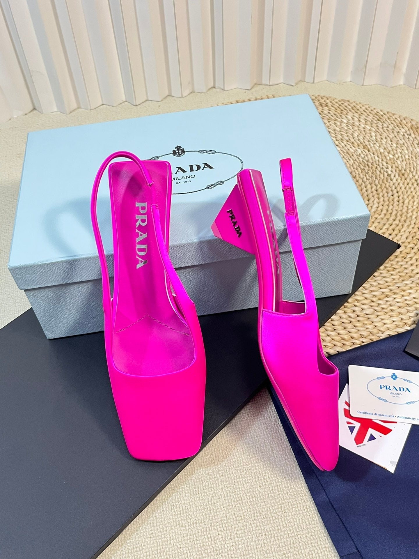 PRA SQUARE TOE SLINGBACK PUMPS BRIGHT PINK SATIN