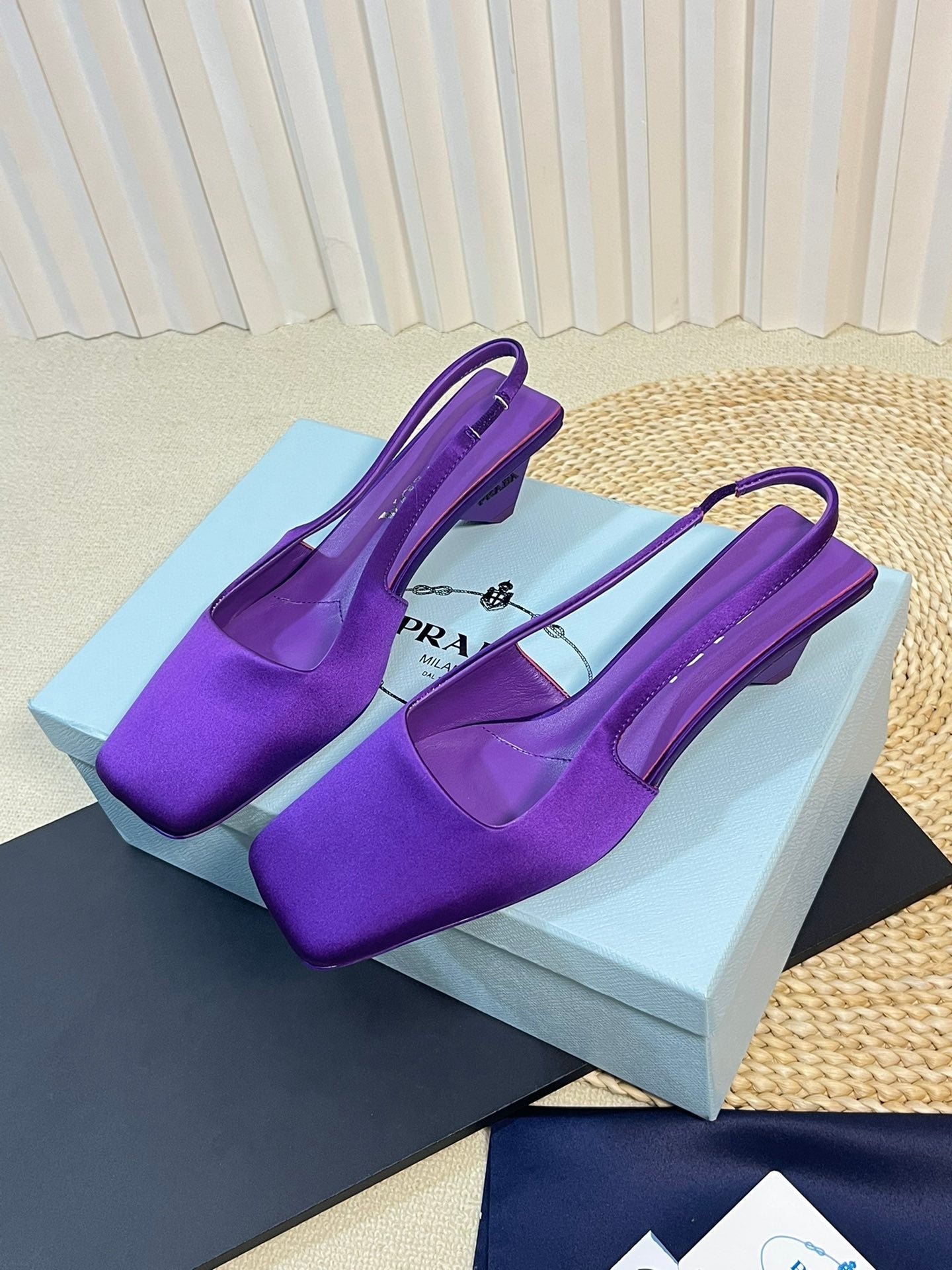 PRA SQUARE TOE SLINGBACK PUMPS VIOLET SATIN