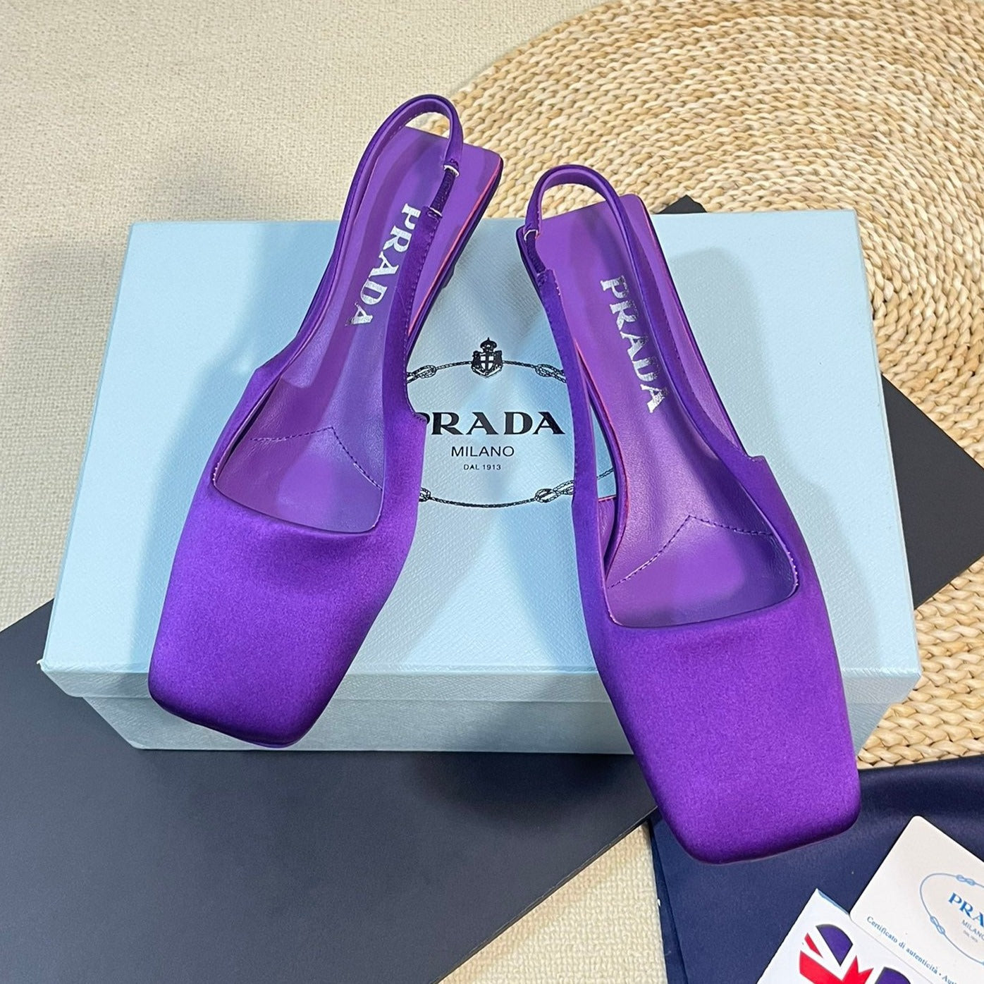 PRA SQUARE TOE SLINGBACK PUMPS VIOLET SATIN