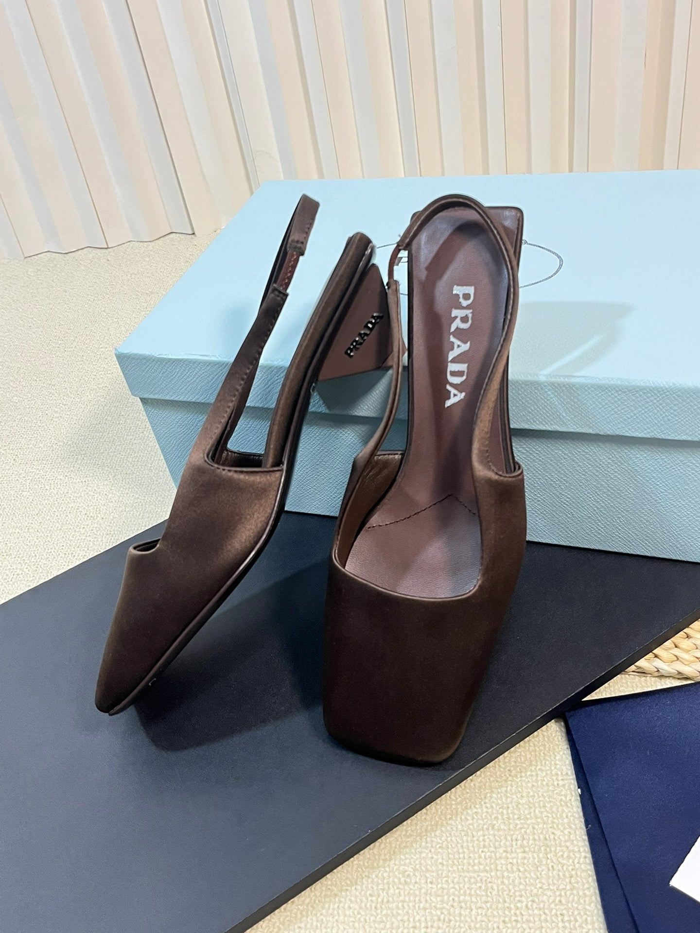 PRA SQUARE TOE SLINGBACK PUMPS CHOCOLATE SATIN