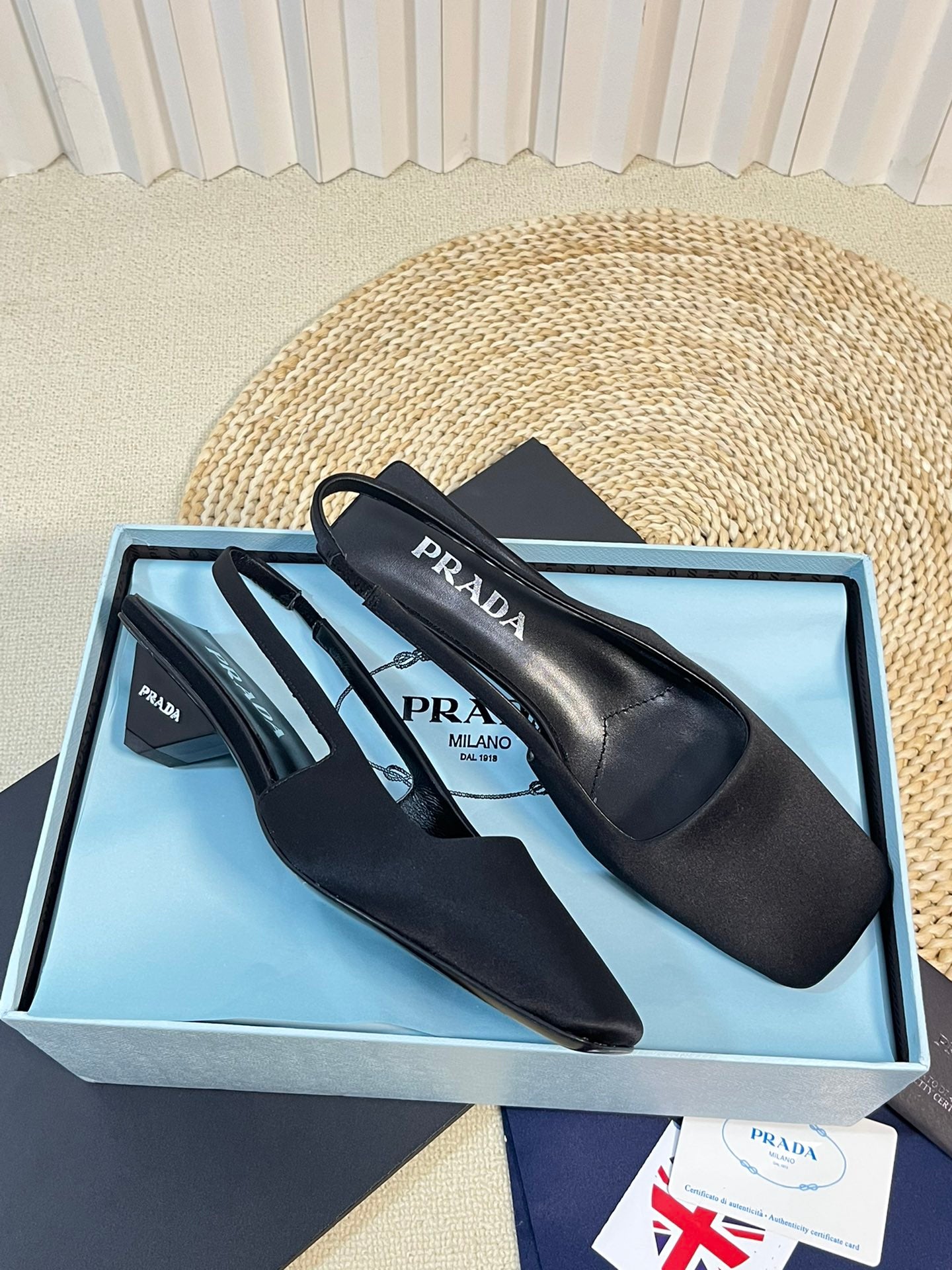 PRA SQUARE TOE SLINGBACK PUMPS BLACK SATIN