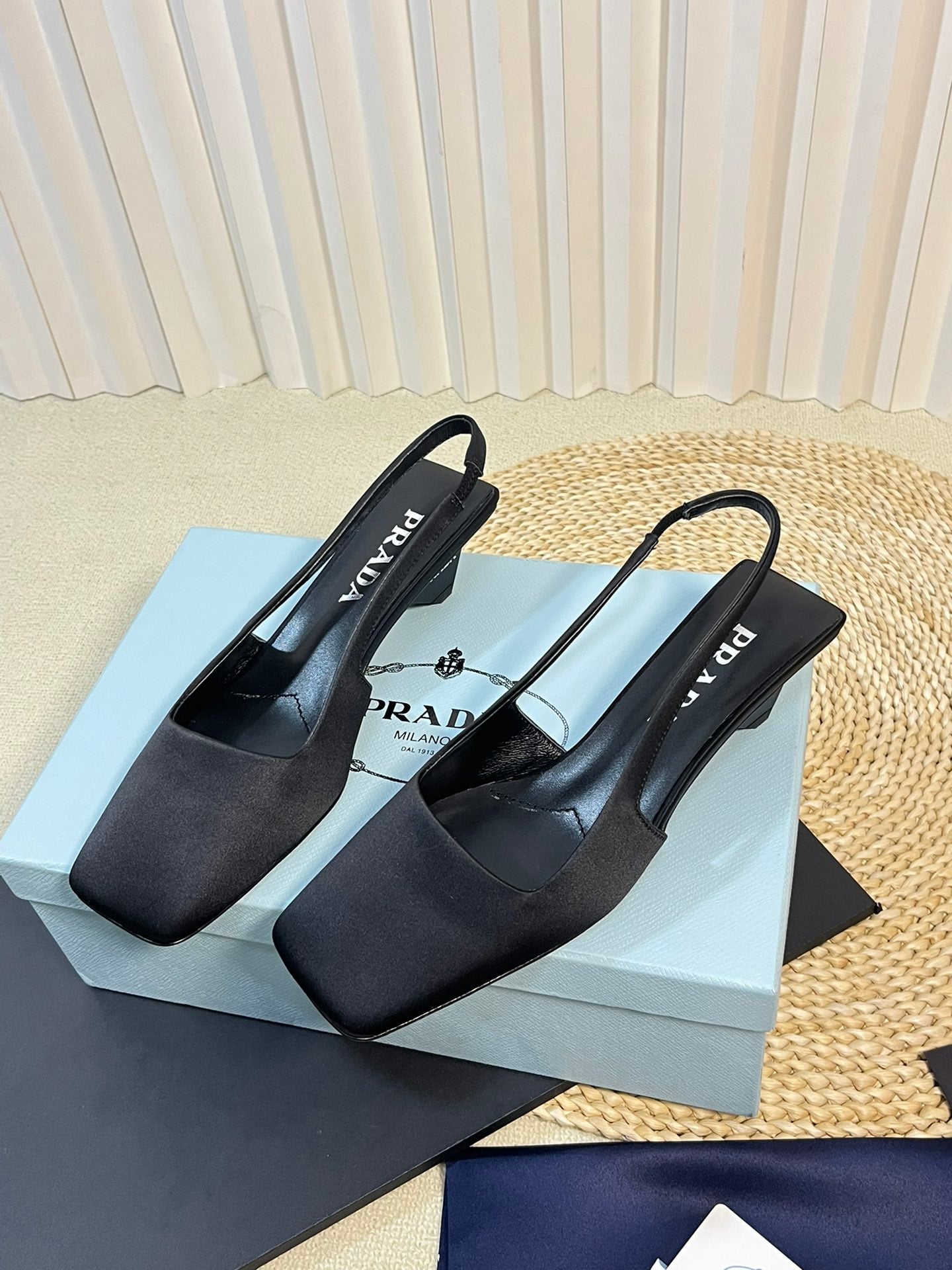 PRA SQUARE TOE SLINGBACK PUMPS BLACK SATIN