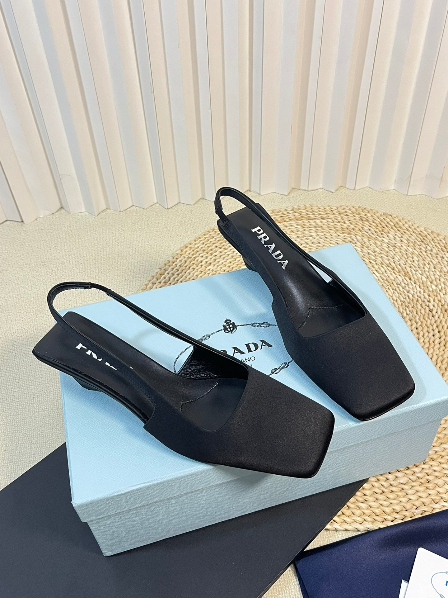 PRA SQUARE TOE SLINGBACK PUMPS BLACK SATIN