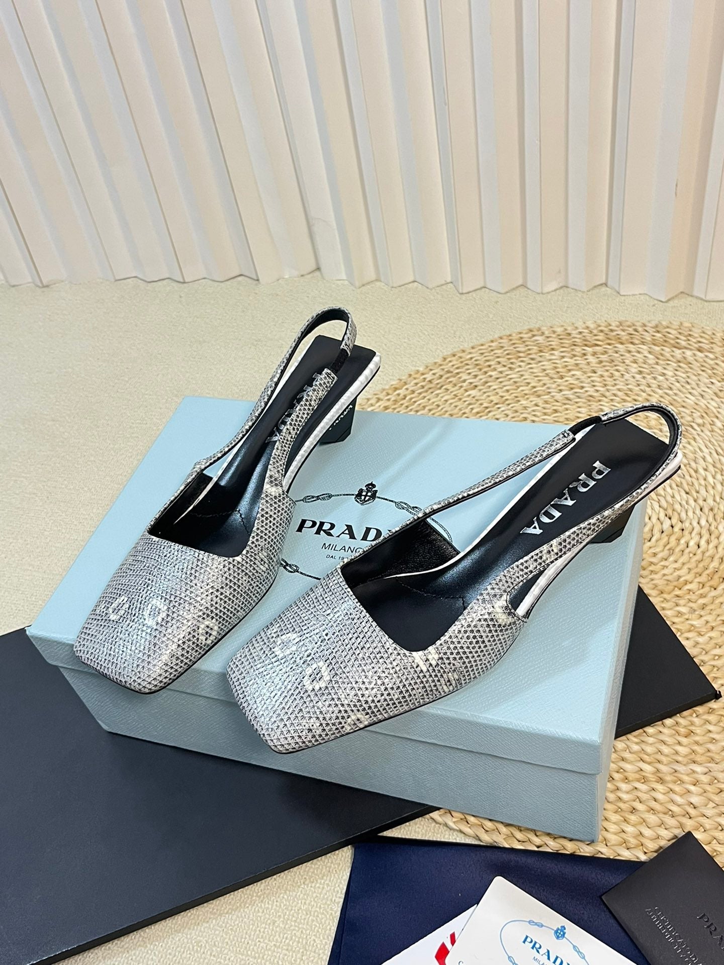 PRA SQUARE TOE SLINGBACK PUMPS PALE SNAKESKIN MOTIF SATIN