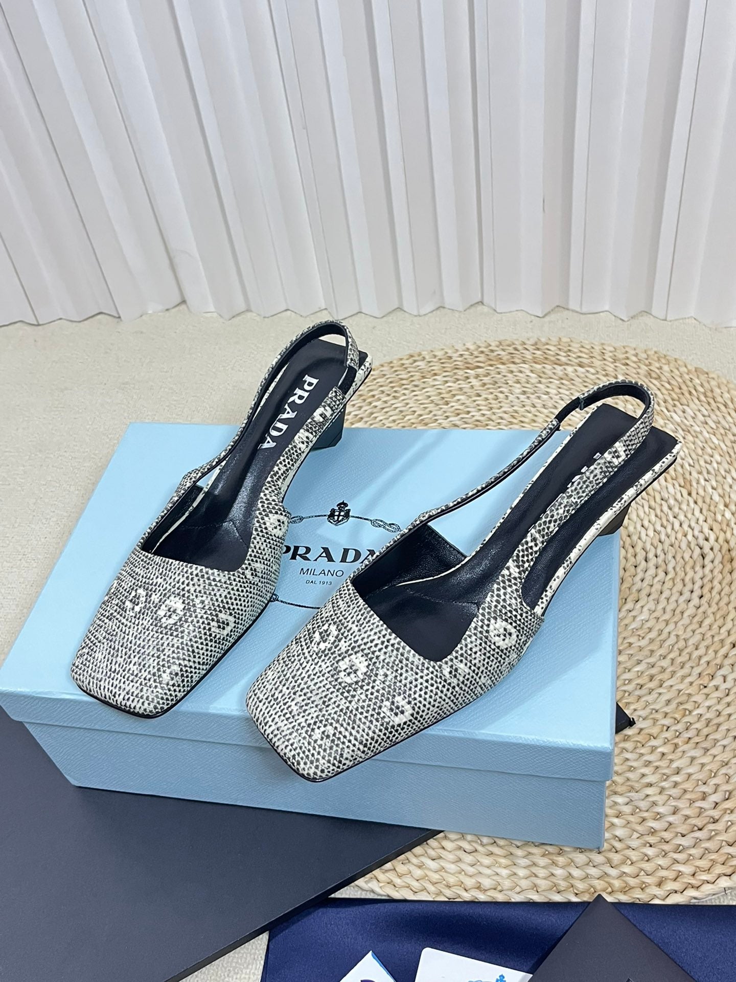 PRA SQUARE TOE SLINGBACK PUMPS SNAKESKIN MOTIF SATIN