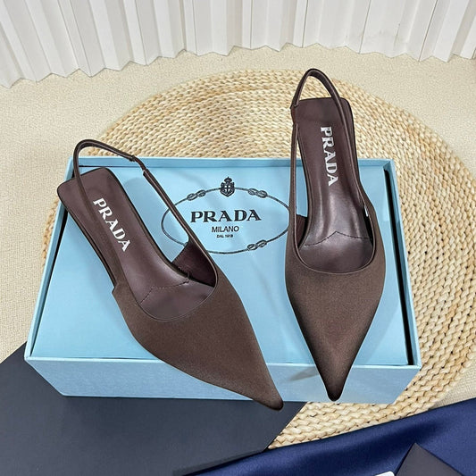 PRA POINTED TOE SLINGBACK PUMPS CHOCOLATE SATIN