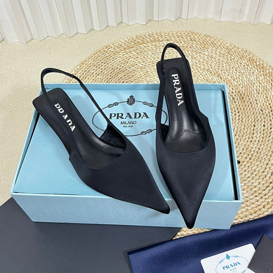 PRA POINTED TOE SLINGBACK PUMPS BLACK SATIN