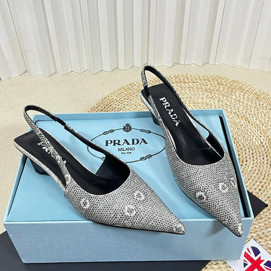 PRA POINTED TOE SLINGBACK PUMPS SNAKESKIN MOTIF SATIN