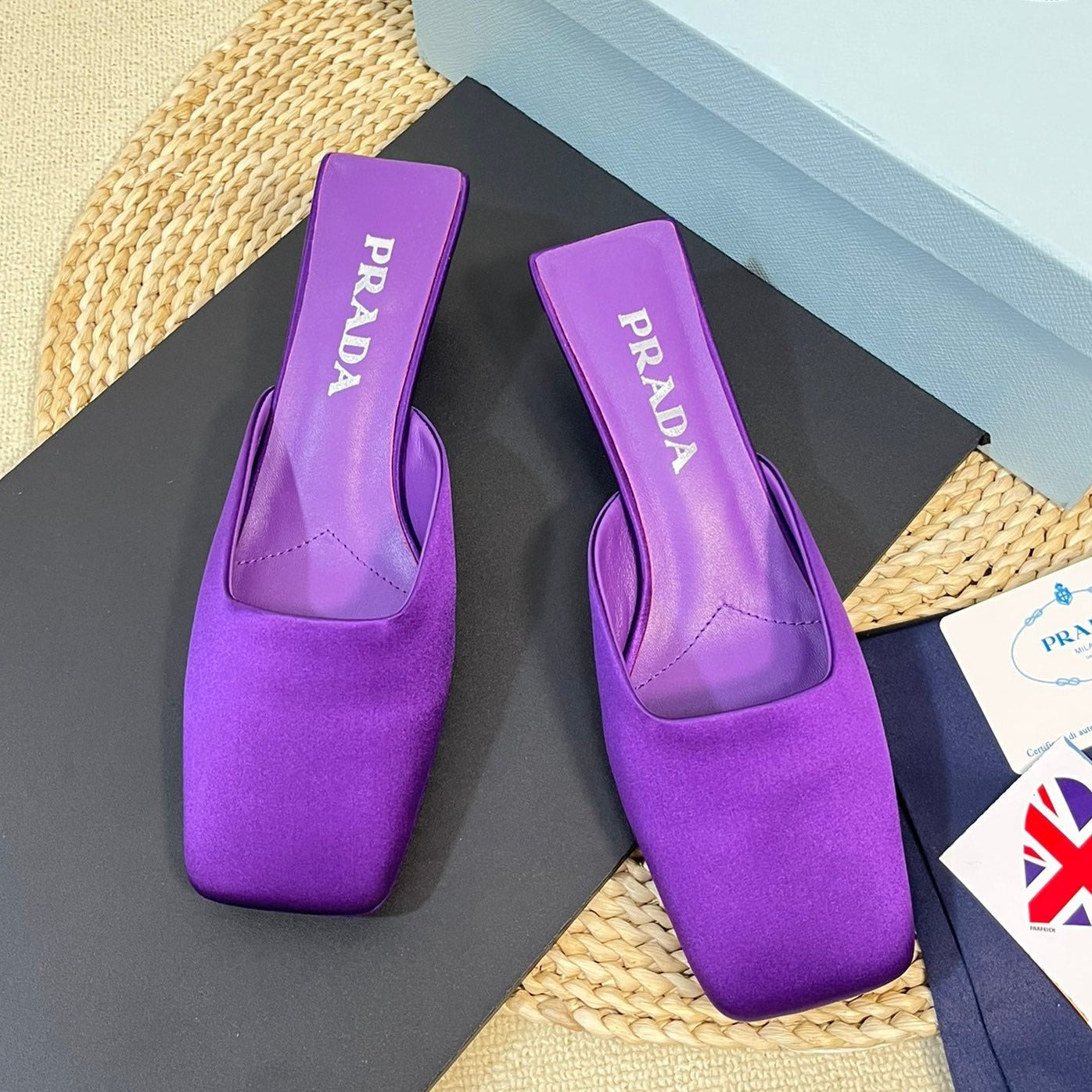 PRA SQUARE TOE MULES VIOLET SATIN