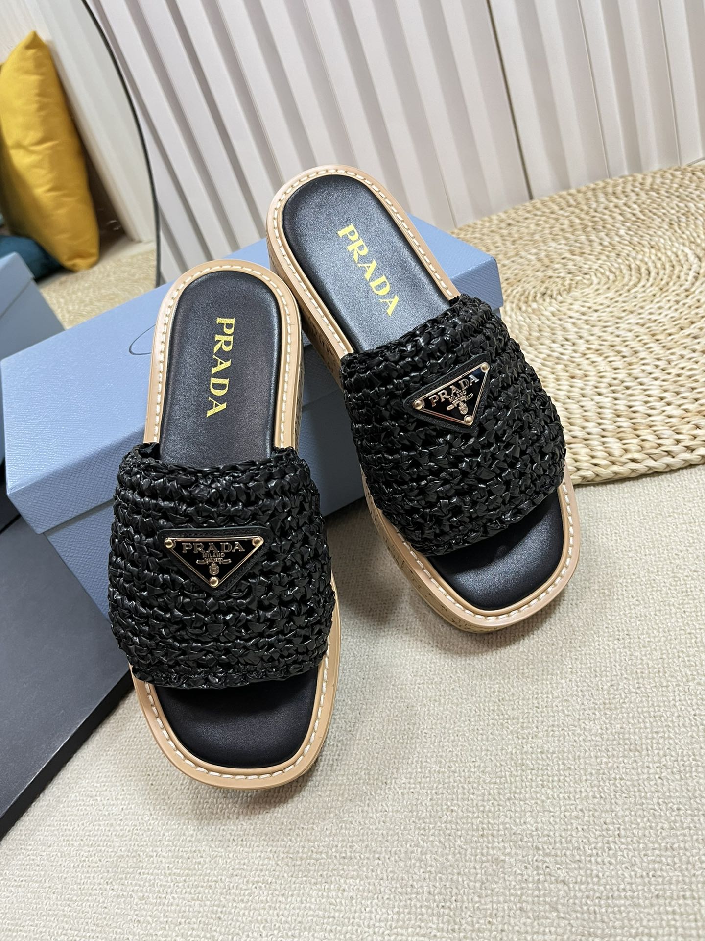 Crochet Flatform Slides 40 Lightweight Cork Sole Black