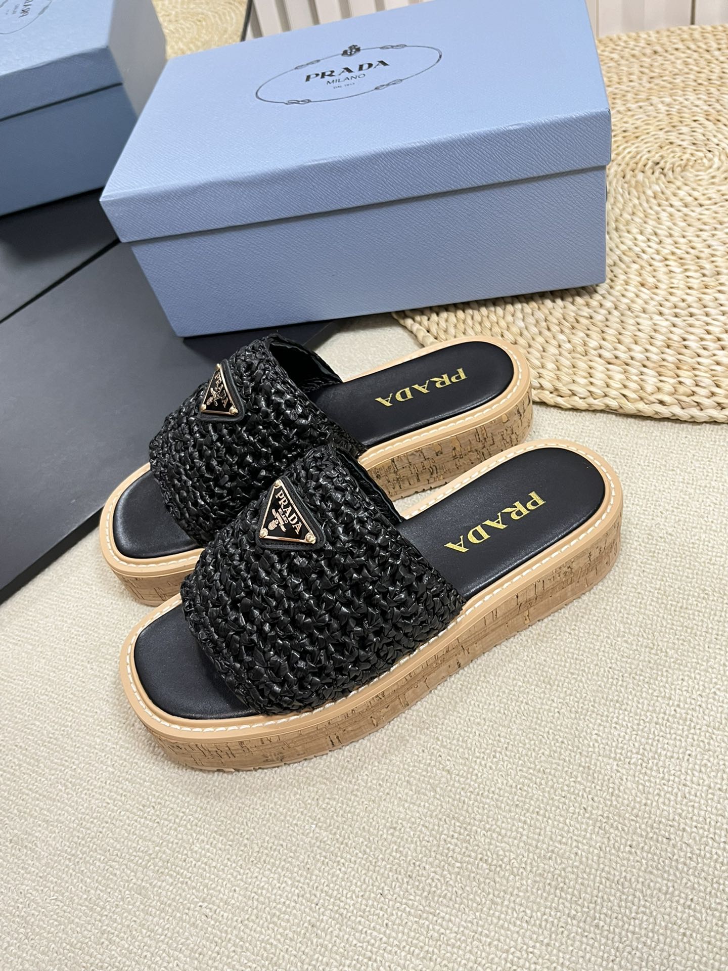 Crochet Flatform Slides 40 Lightweight Cork Sole Black