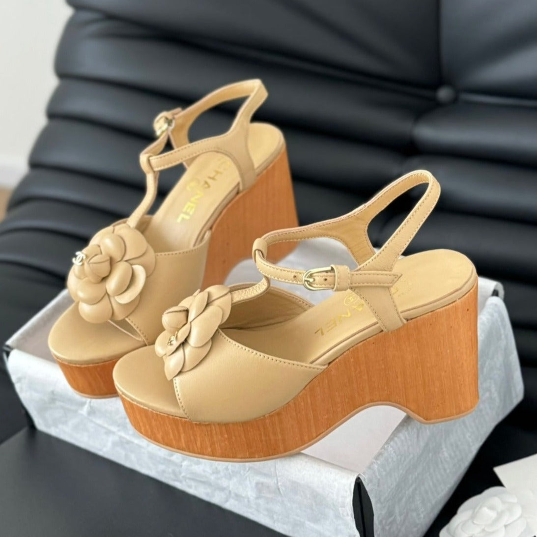 slingbacks sandal platform beige flower calfskin