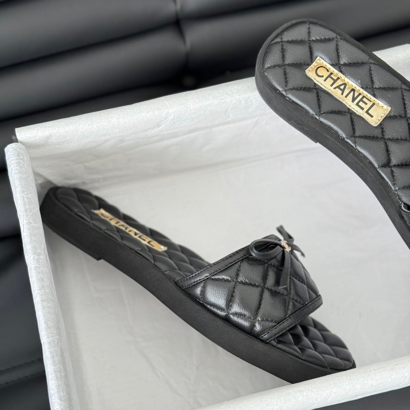 mule sandal bow black quilted calfskin