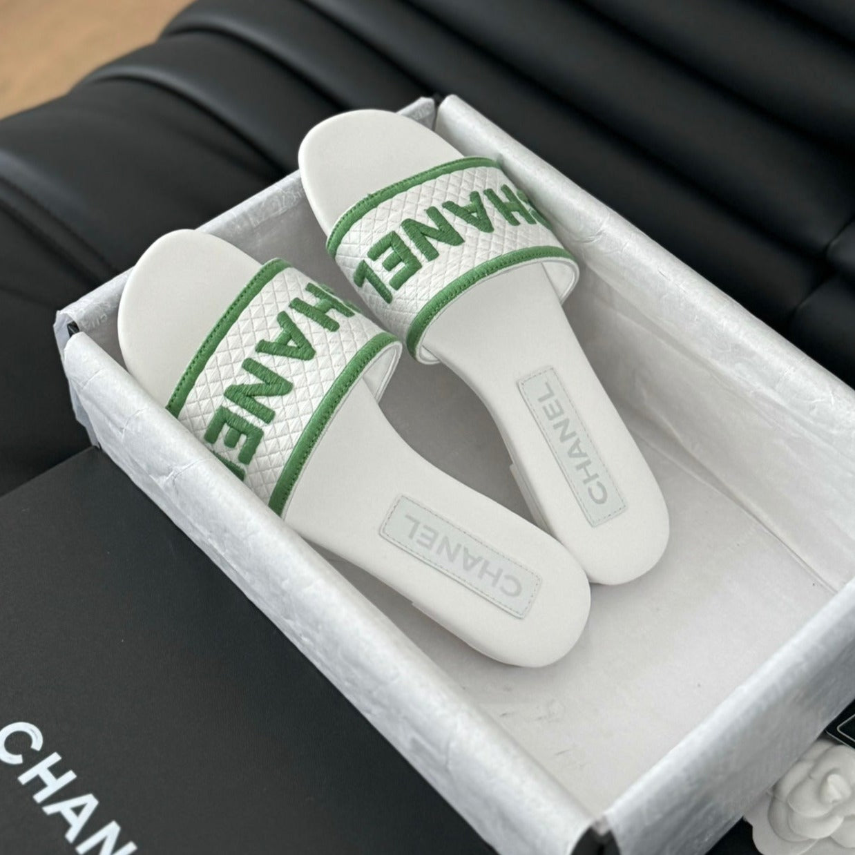 Woven Embroidered Letter Slippers White Green