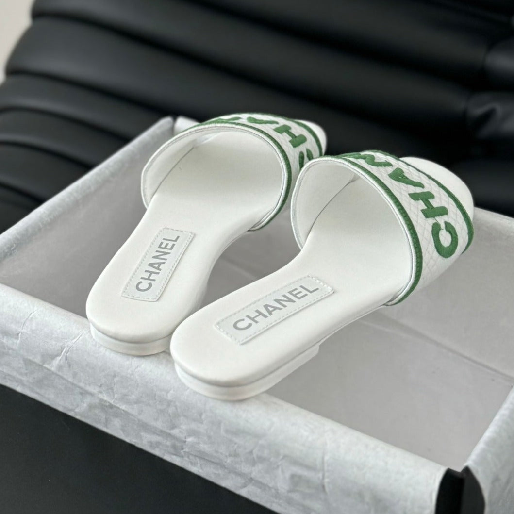 Woven Embroidered Letter Slippers White Green