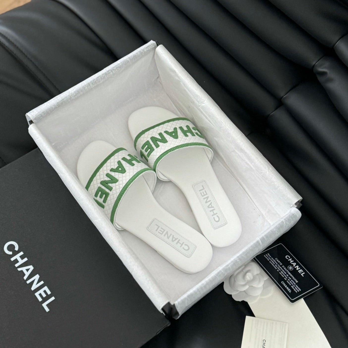 Woven Embroidered Letter Slippers White Green