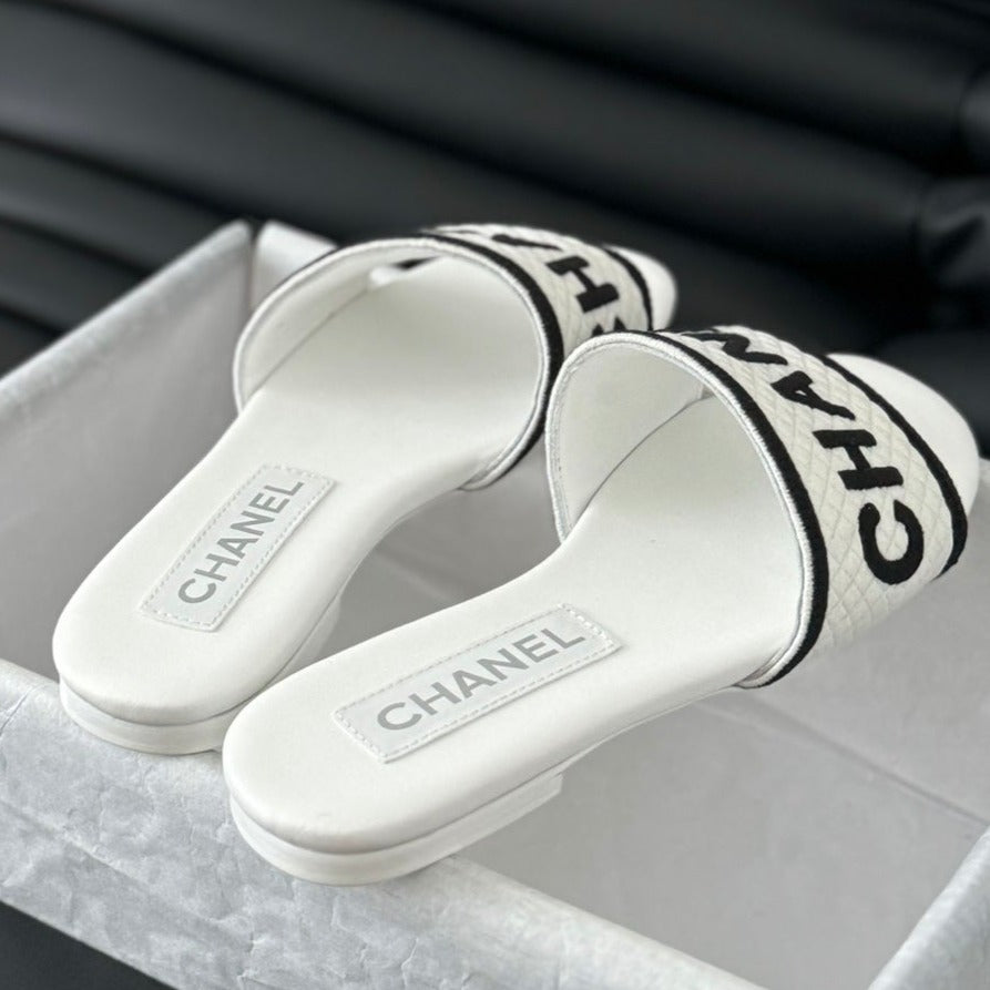 Woven Embroidered Letter Slippers White Black