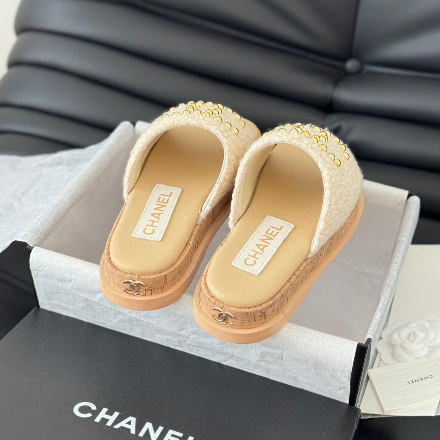 Slippers Platform Lambskin Beige Cream