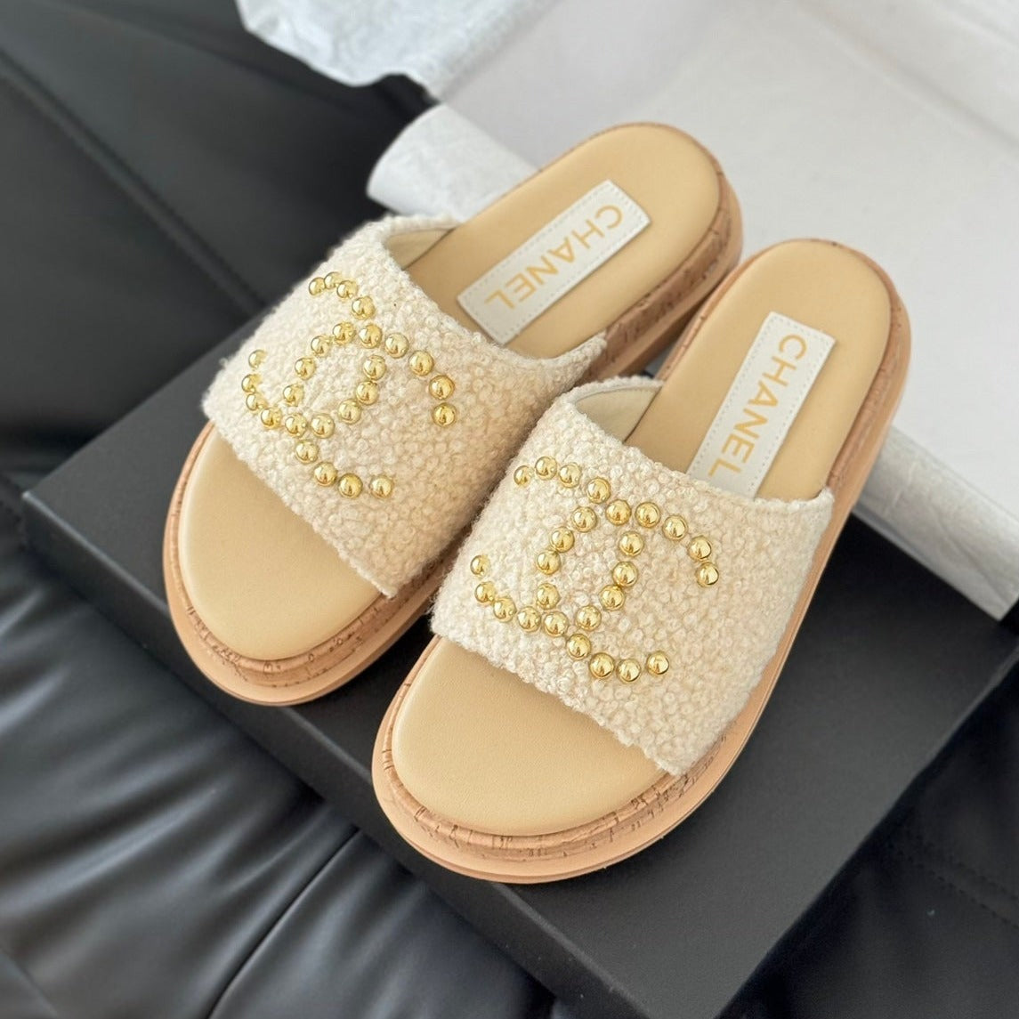 Slippers Platform Lambskin Beige Cream