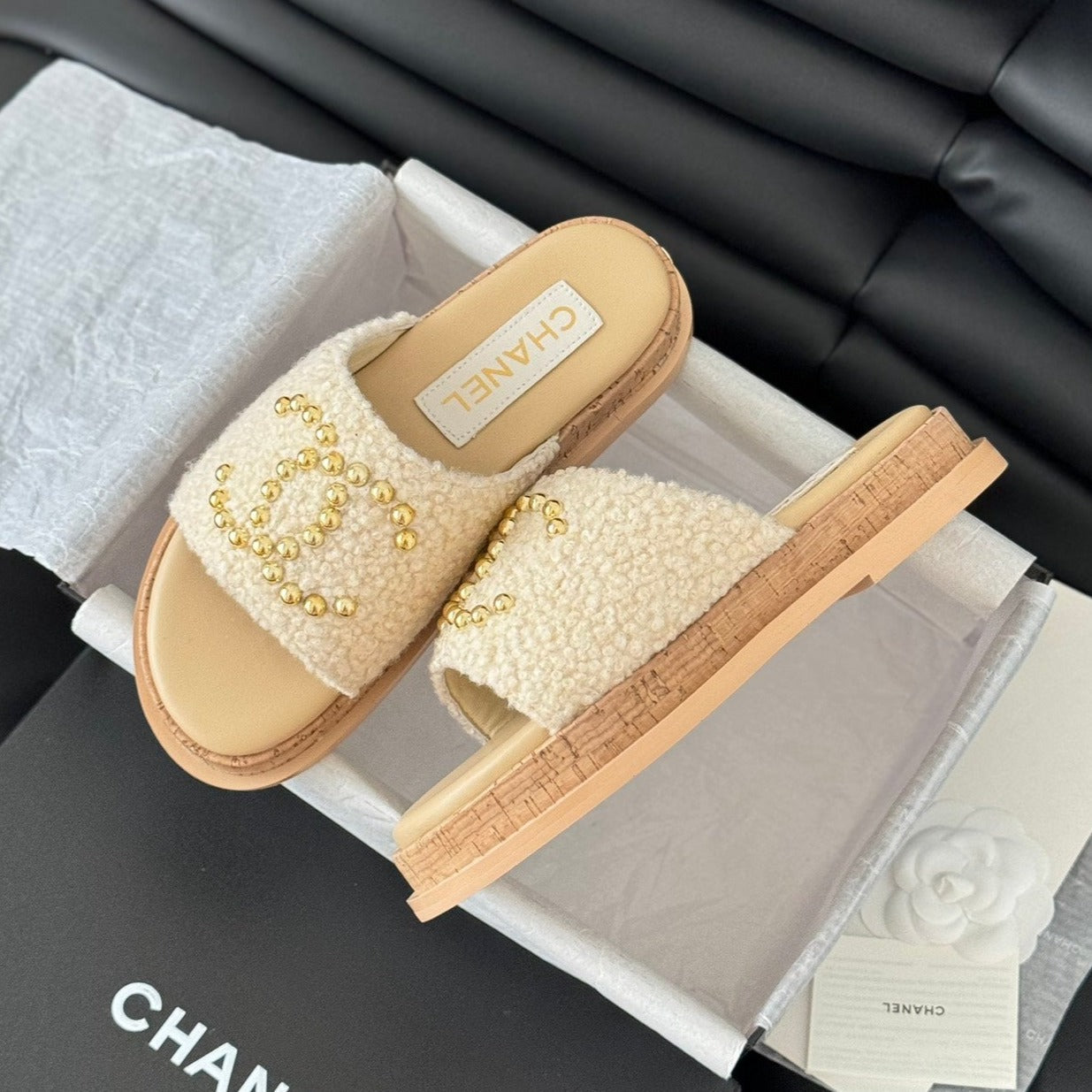 Slippers Platform Lambskin Beige Cream