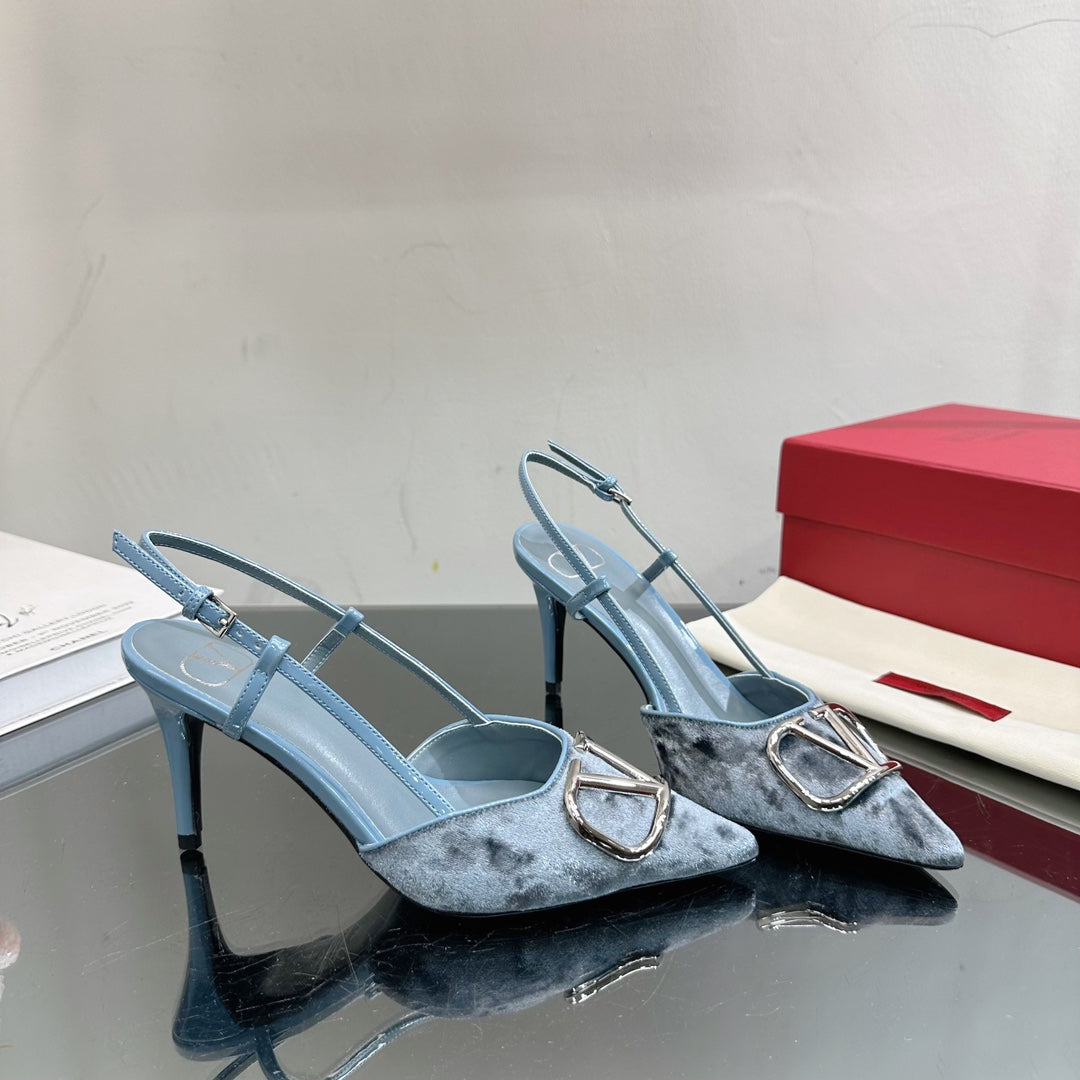 Vlogo Signature Slingback Blue Calfskin and Velvet