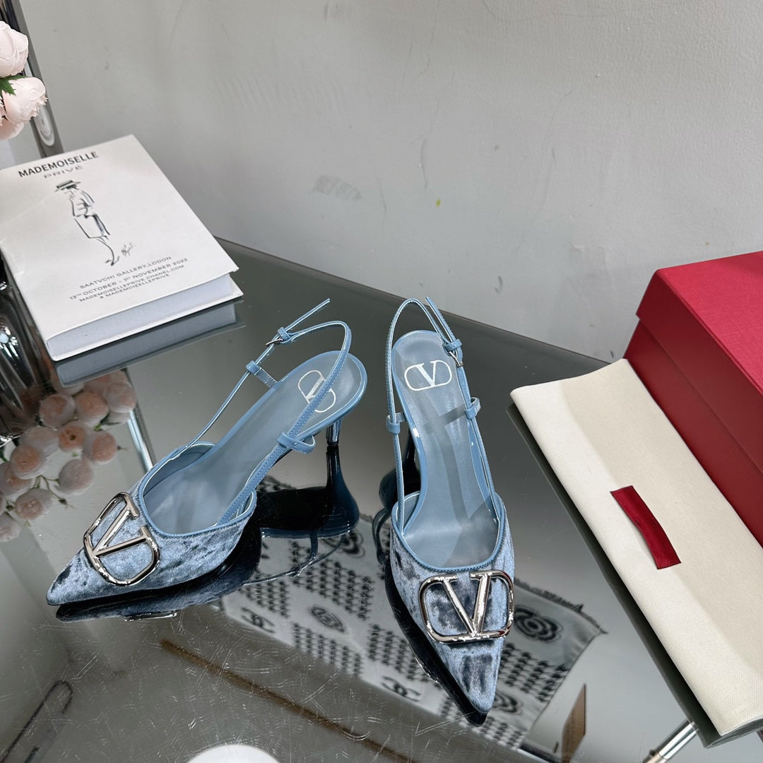 Vlogo Signature Slingback Blue Calfskin and Velvet