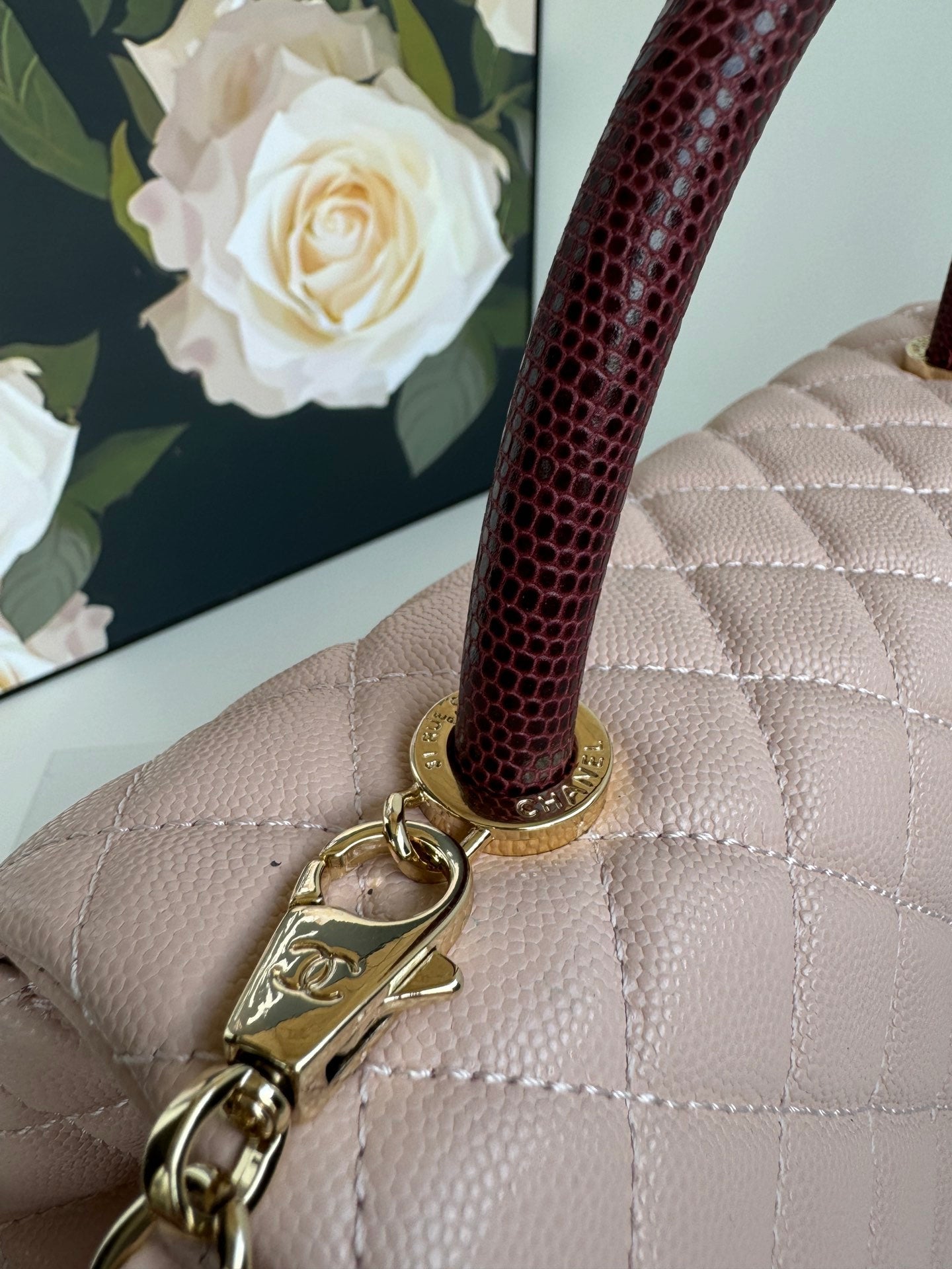 coco handle medium 29cm pastel pink red quilted caviar leather gold hardware