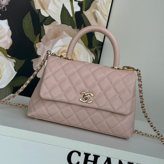 coco handle flap bag 24cm pastel pink quilted caviar leather