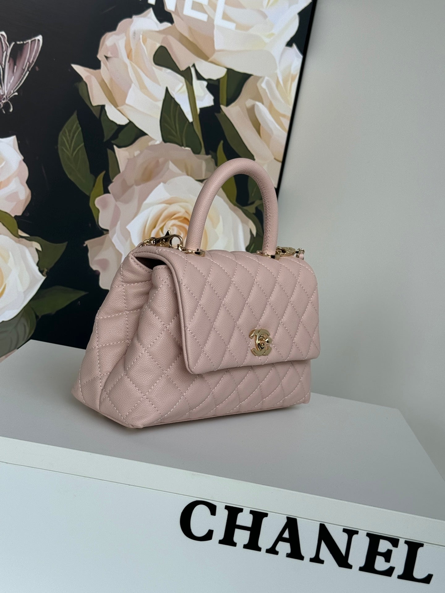 coco handle flap bag 24cm pastel pink quilted caviar leather