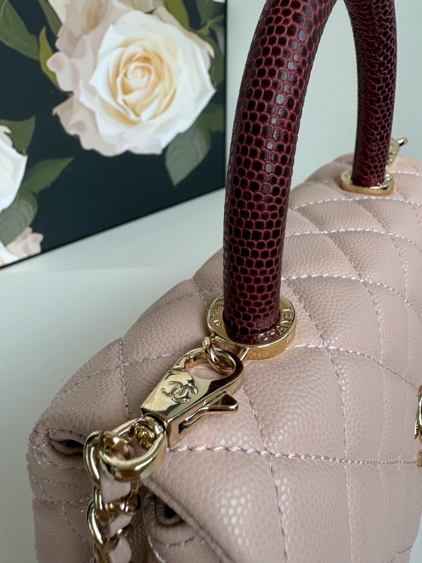 coco handle flap bag 24cm pastel pink red quilted caviar leather