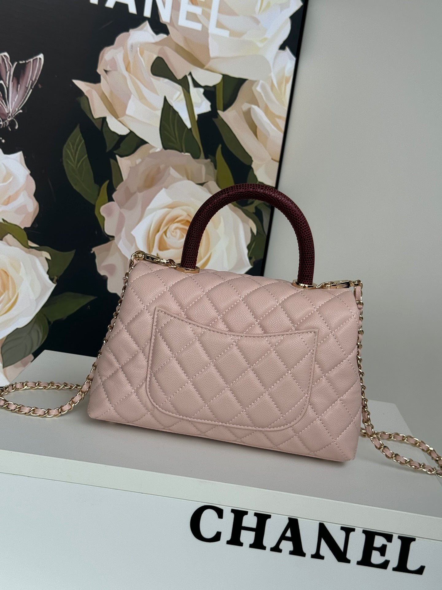 coco handle flap bag 24cm pastel pink red quilted caviar leather