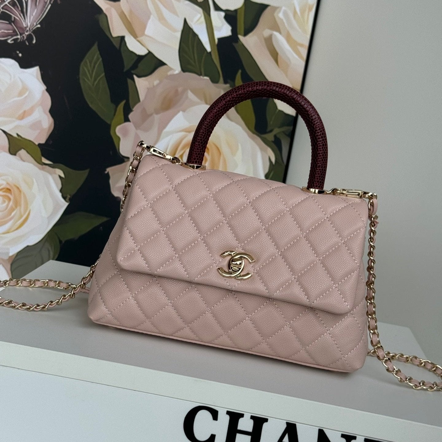 coco handle flap bag 24cm pastel pink red quilted caviar leather