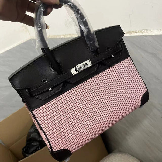 HM Quadrille Birkin 25cm Black Swift Leather Pink Toile