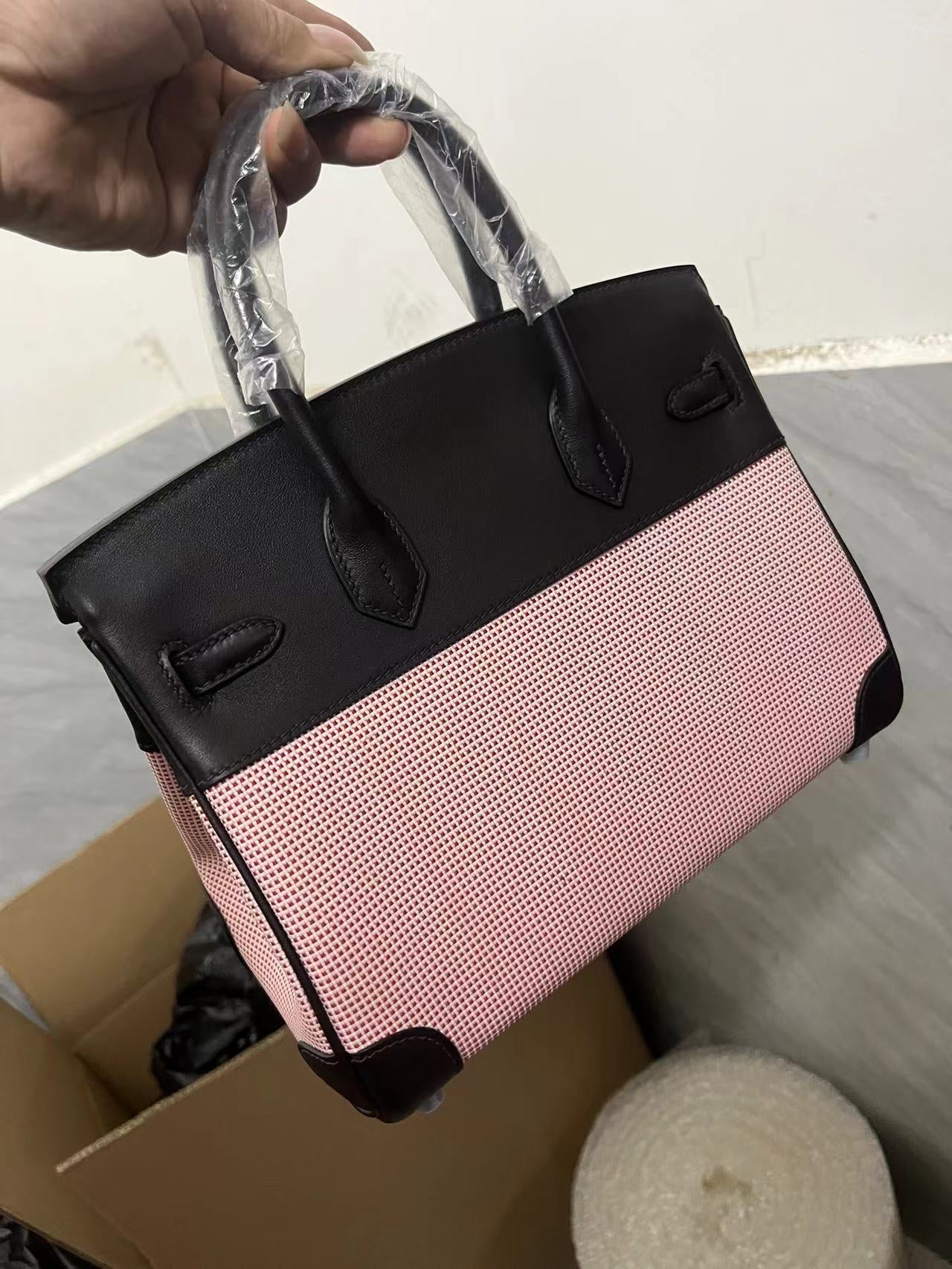 HM Quadrille Birkin 25cm Black Swift Leather Pink Toile