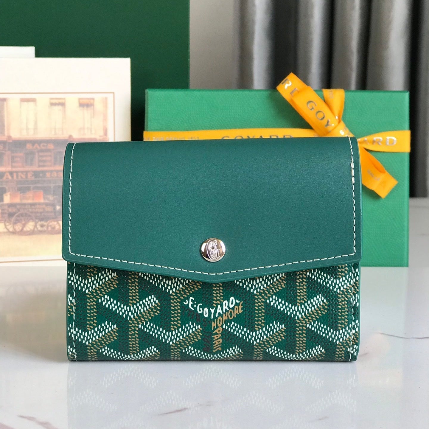 SAINT-GABRIEL WALLET 12 IN GREEN CALFSKIN AND GOYARDINE CANVAS