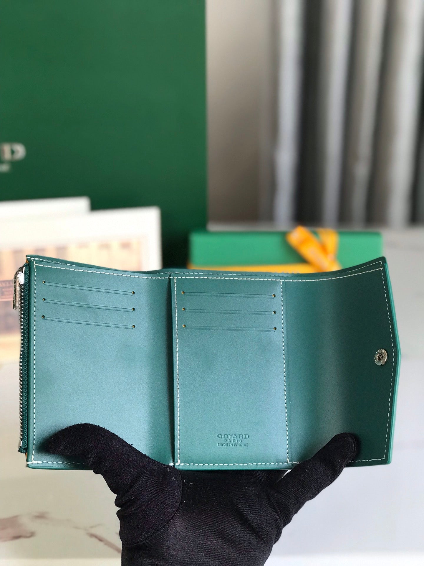 SAINT-GABRIEL WALLET 12 IN GREEN CALFSKIN AND GOYARDINE CANVAS