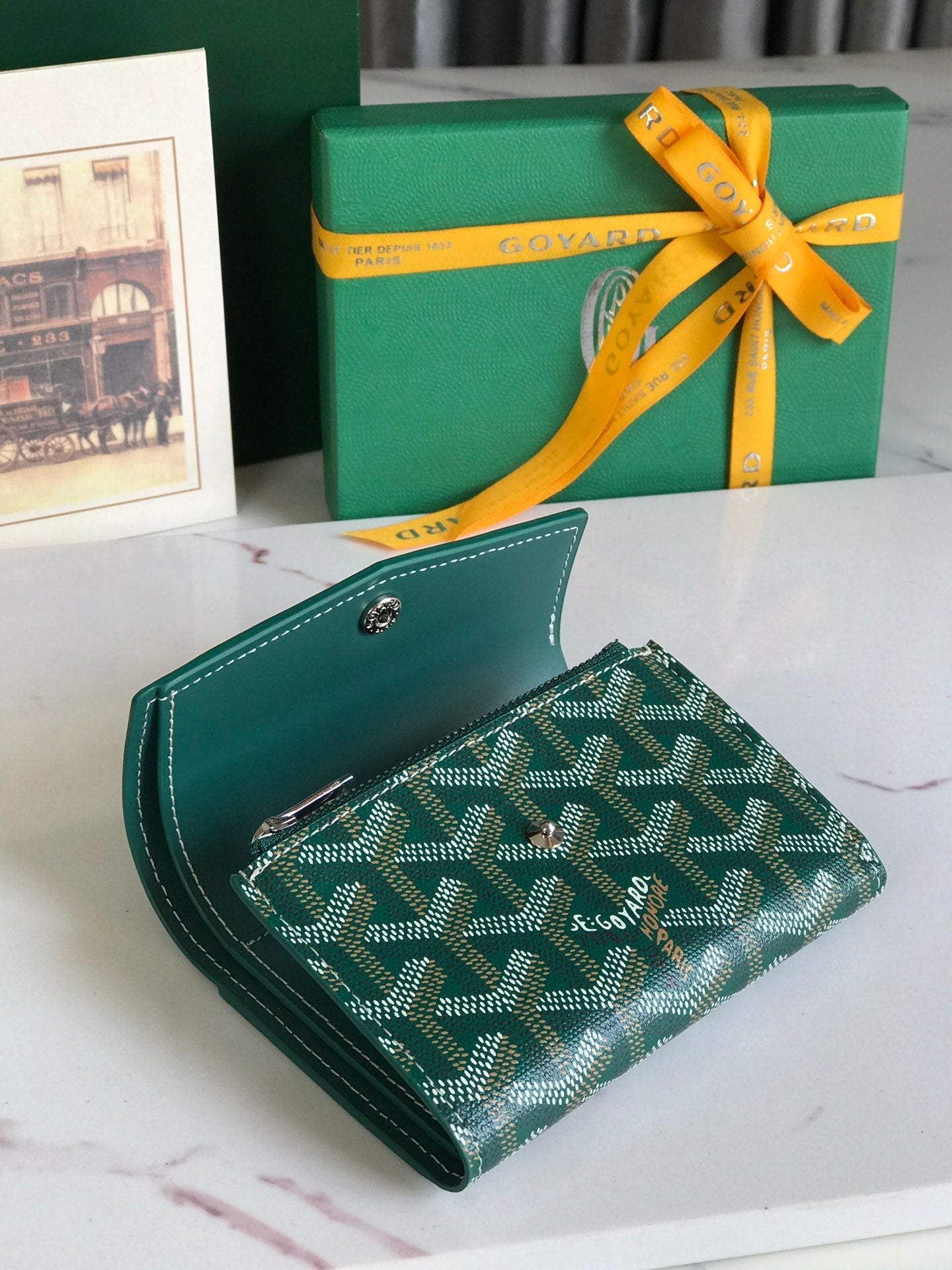 SAINT-GABRIEL WALLET 12 IN GREEN CALFSKIN AND GOYARDINE CANVAS