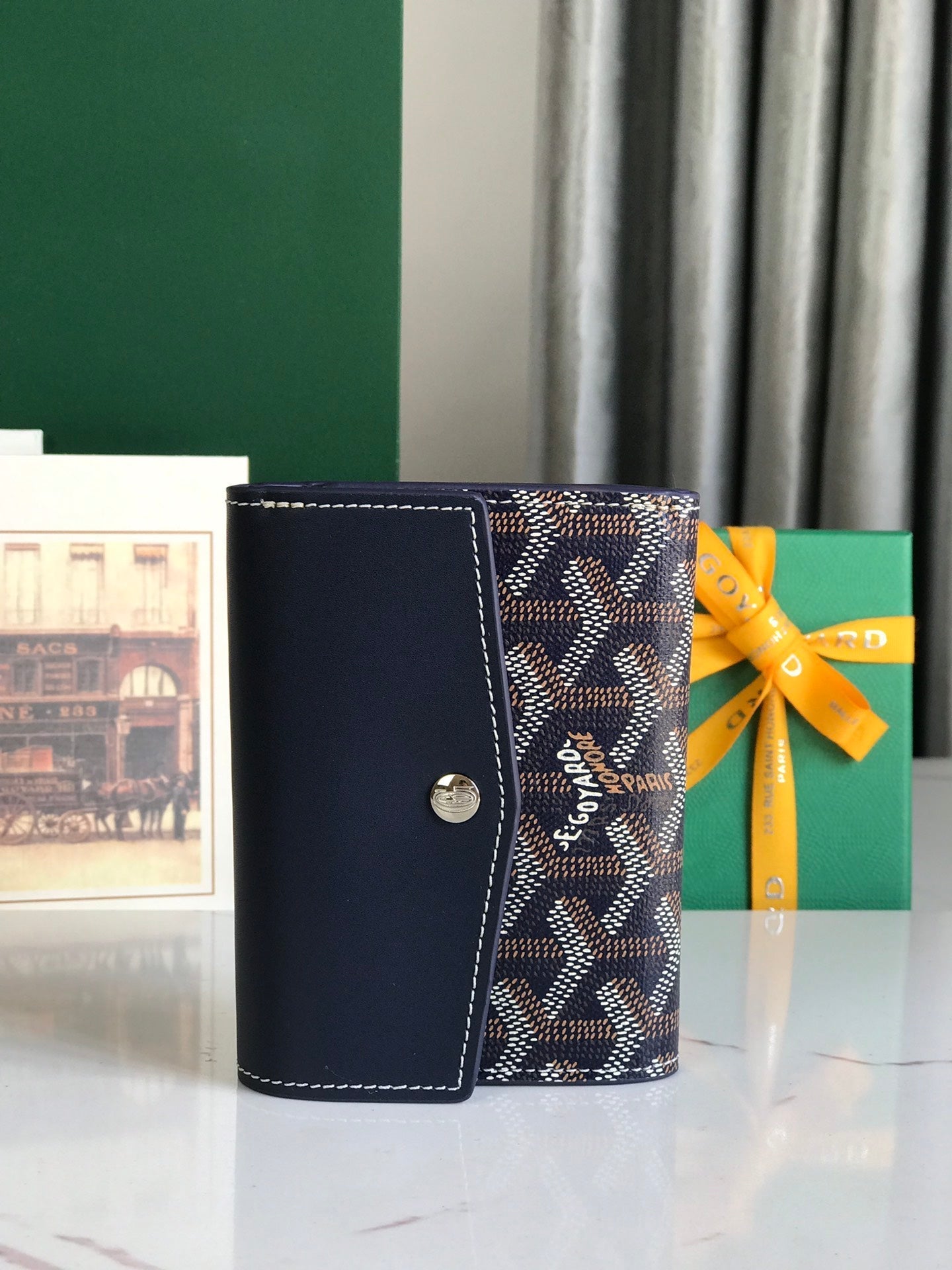 SAINT-GABRIEL WALLET 12 IN NAVY BLUE CALFSKIN AND GOYARDINE CANVAS