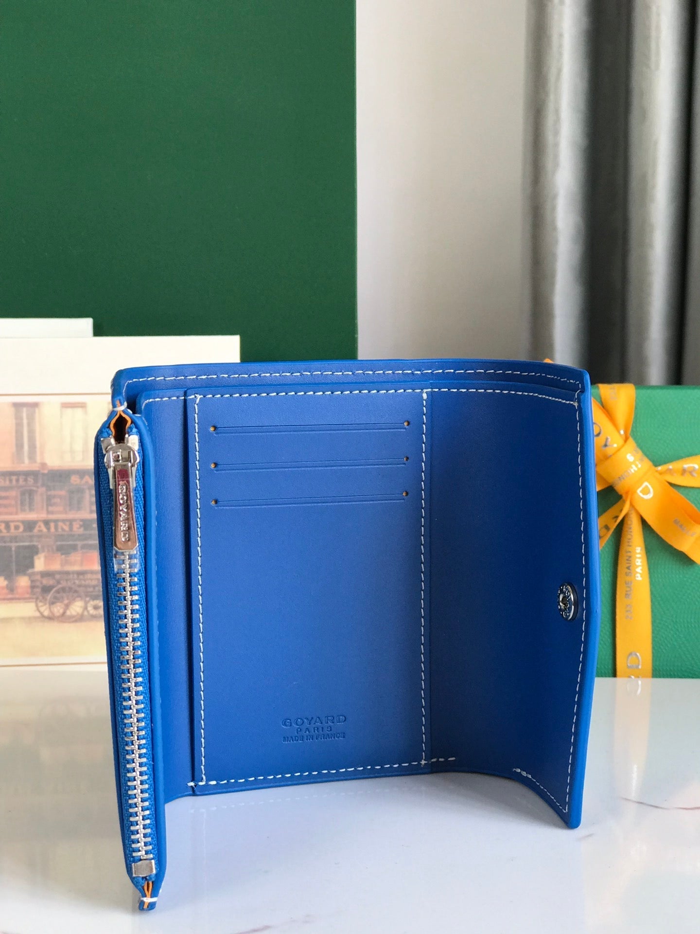 SAINT-GABRIEL WALLET 12 IN SAPPHIRE BLUE CALFSKIN AND GOYARDINE CANVAS