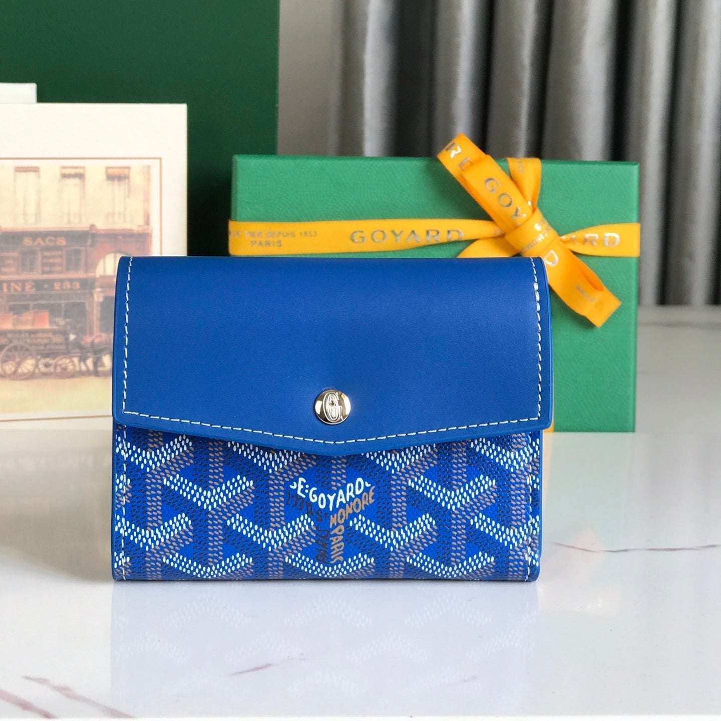 SAINT-GABRIEL WALLET 12 IN SAPPHIRE BLUE CALFSKIN AND GOYARDINE CANVAS