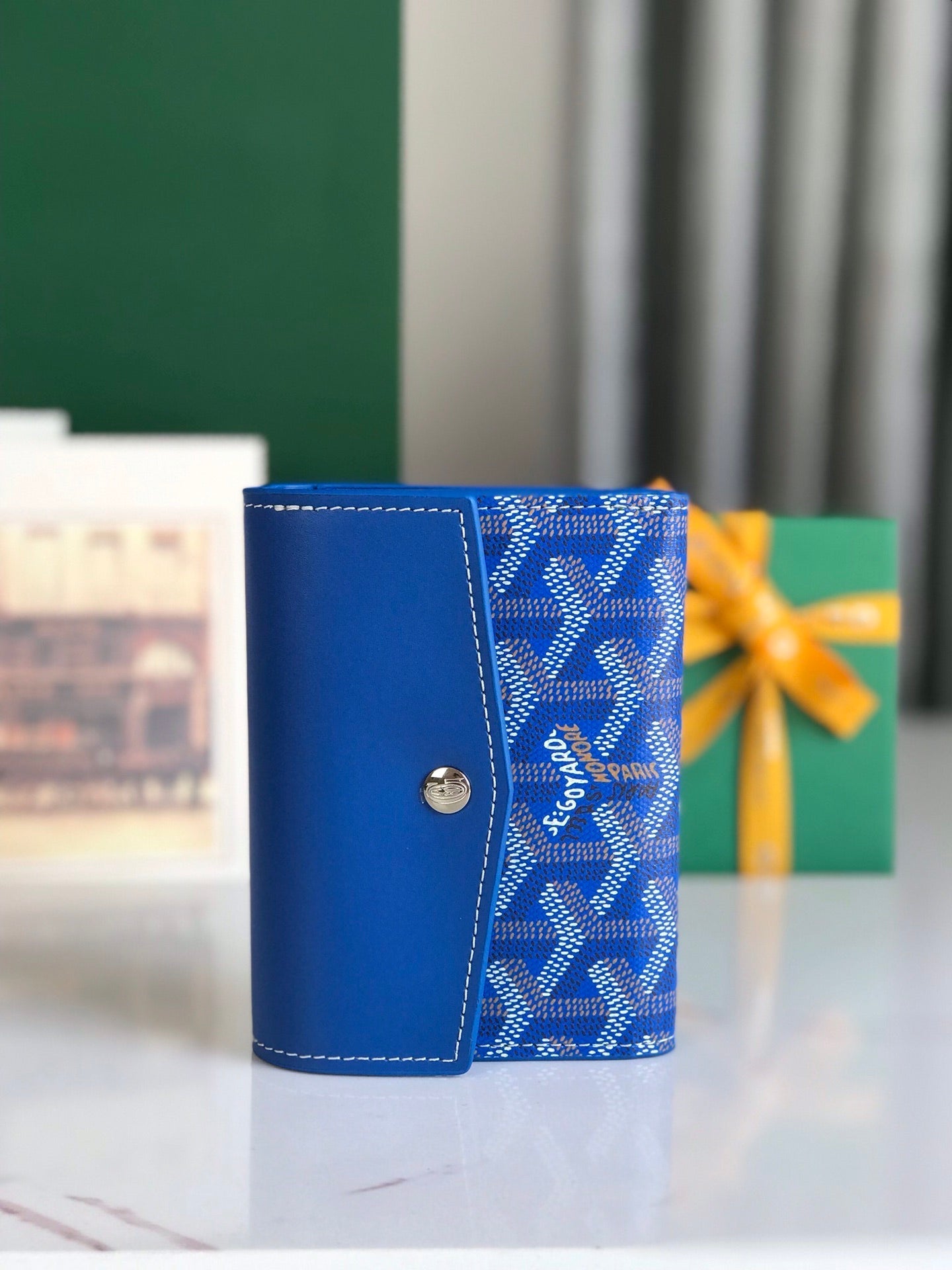 SAINT-GABRIEL WALLET 12 IN SAPPHIRE BLUE CALFSKIN AND GOYARDINE CANVAS