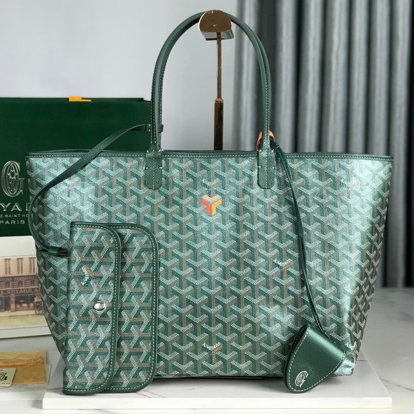 Saint Louis PM Bag 34cm In Green Canvas Chevroches Calfskin