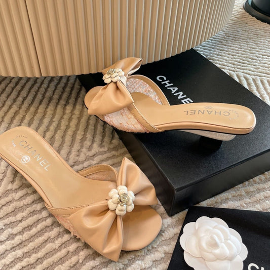 mule sandal bow flower beige calfskin